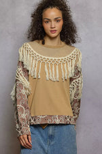 POL Contrast Floral Embroidery Balloon Sleeve Top with Tassel Trim
