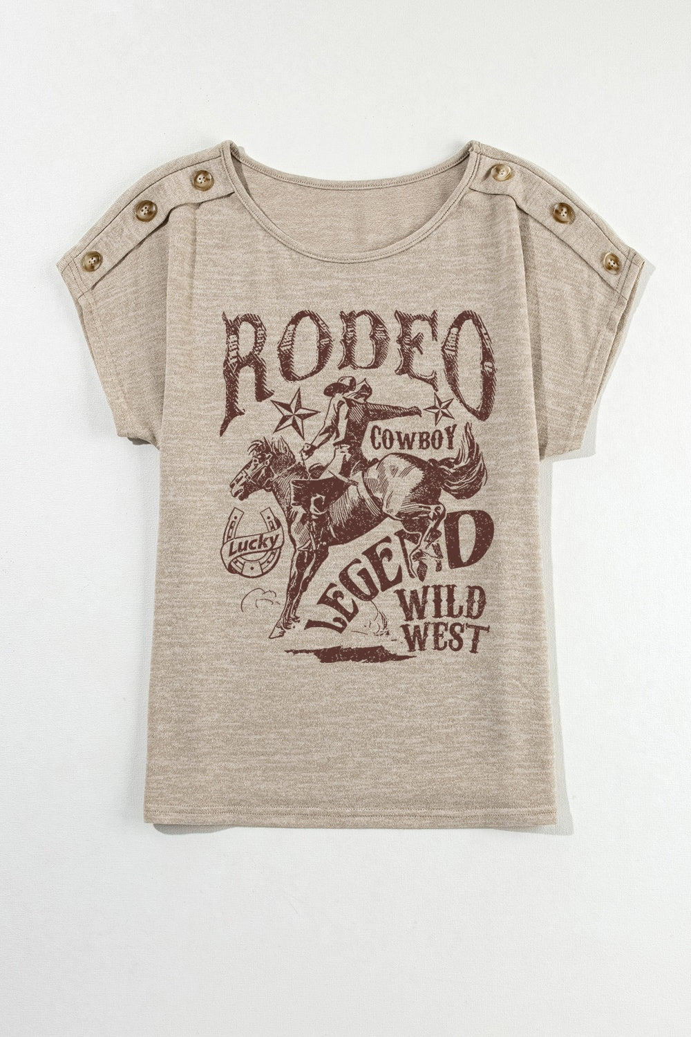 Decorative Button Graphic Round Neck Short Sleeve T-Shirt - Ladyez