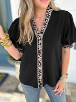 Leopard Trim Puff Sleeve Blouse
