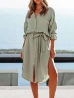 Button Down Tie Waist Shirt Dress