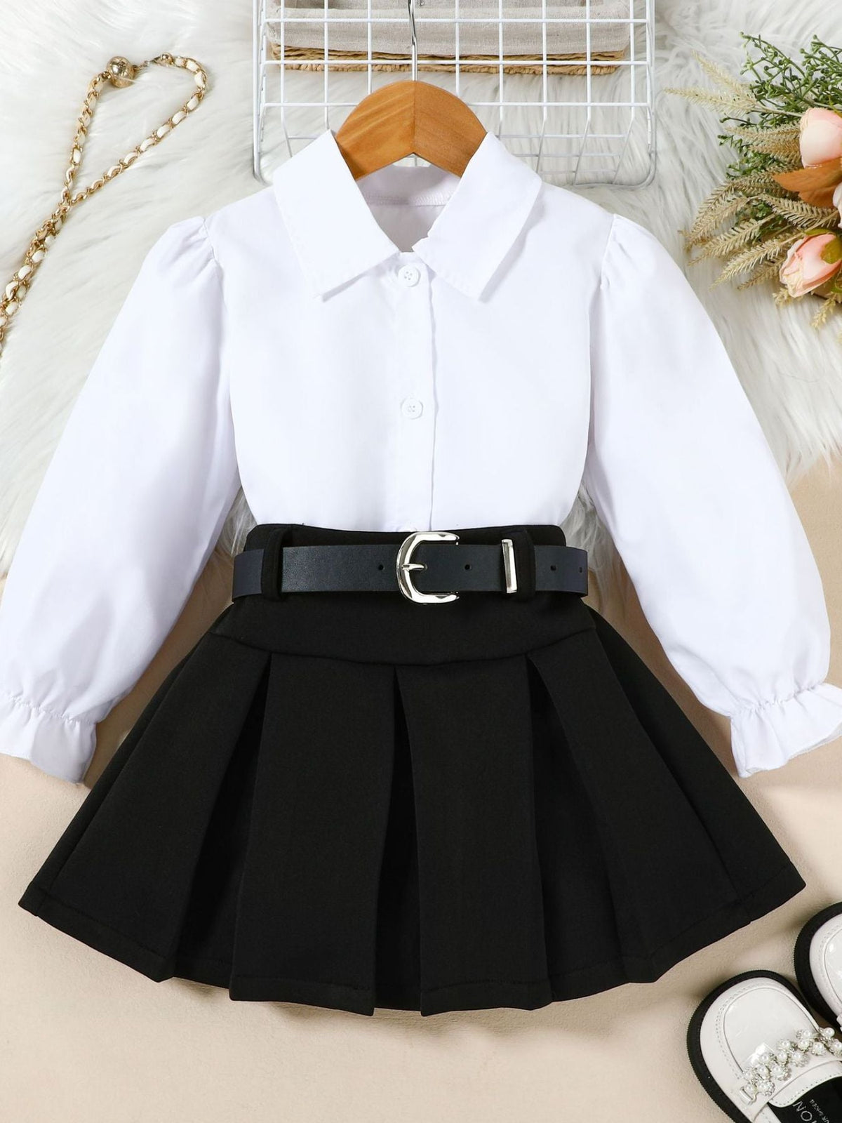 Children's Long Sleeve Shirt & Pleated Skirt Set with Belt