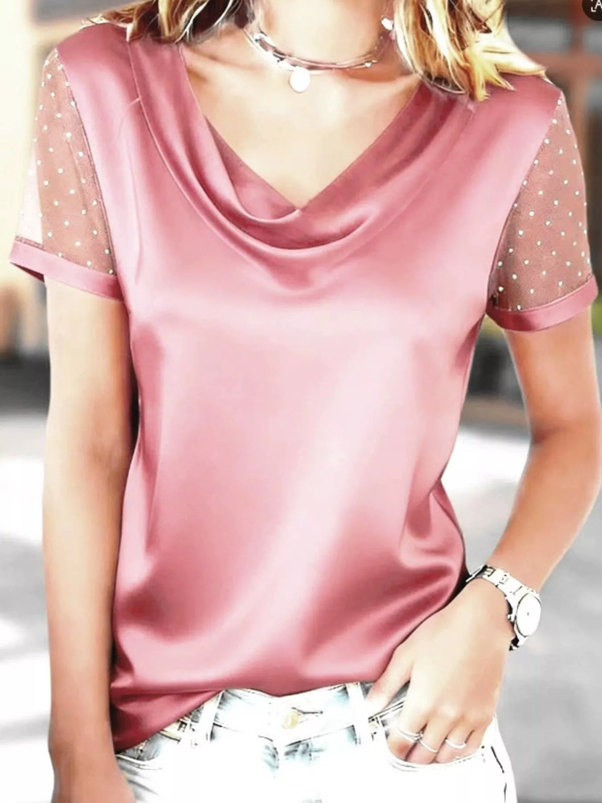 Cowl Neck Polka Dot Short Sleeve Top