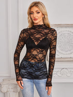 Mock Neck Long Sleeve Lace Sheer Top - Ladyez