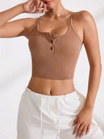 Ribbed Half Button Cropped Active Cami - Ladyez