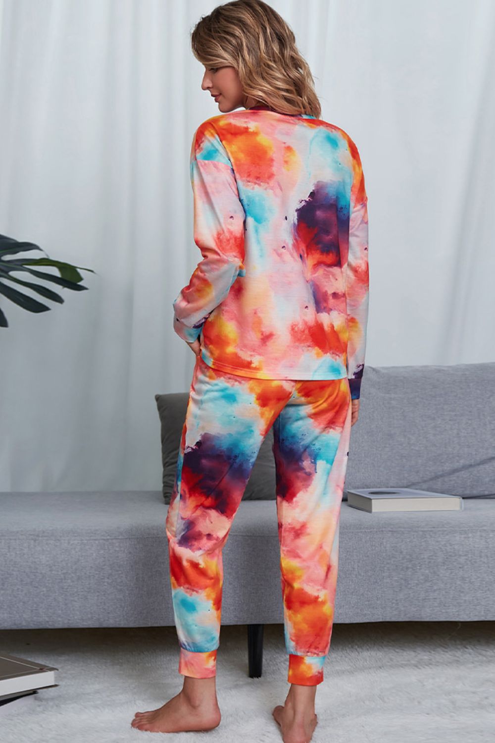Shiny Tie-Dye Crewneck Top and Drawstring Waist Joggers Lounge Set - Ladyez
