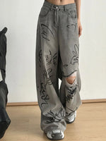 Printed Distressed Wide Leg Jeans - Ladyez