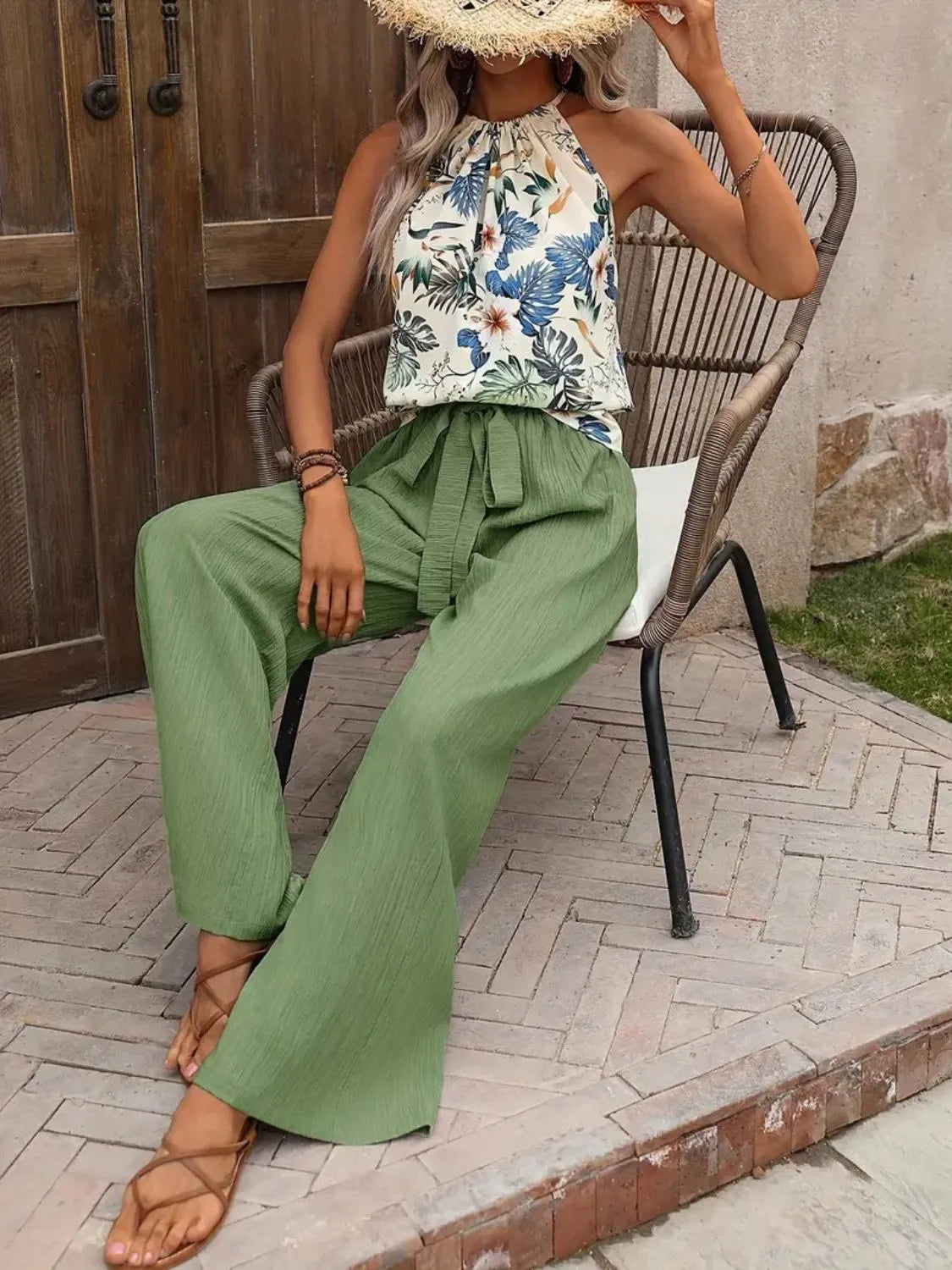 Printed Tank Top and Wide Leg Pants Set - Ladyez