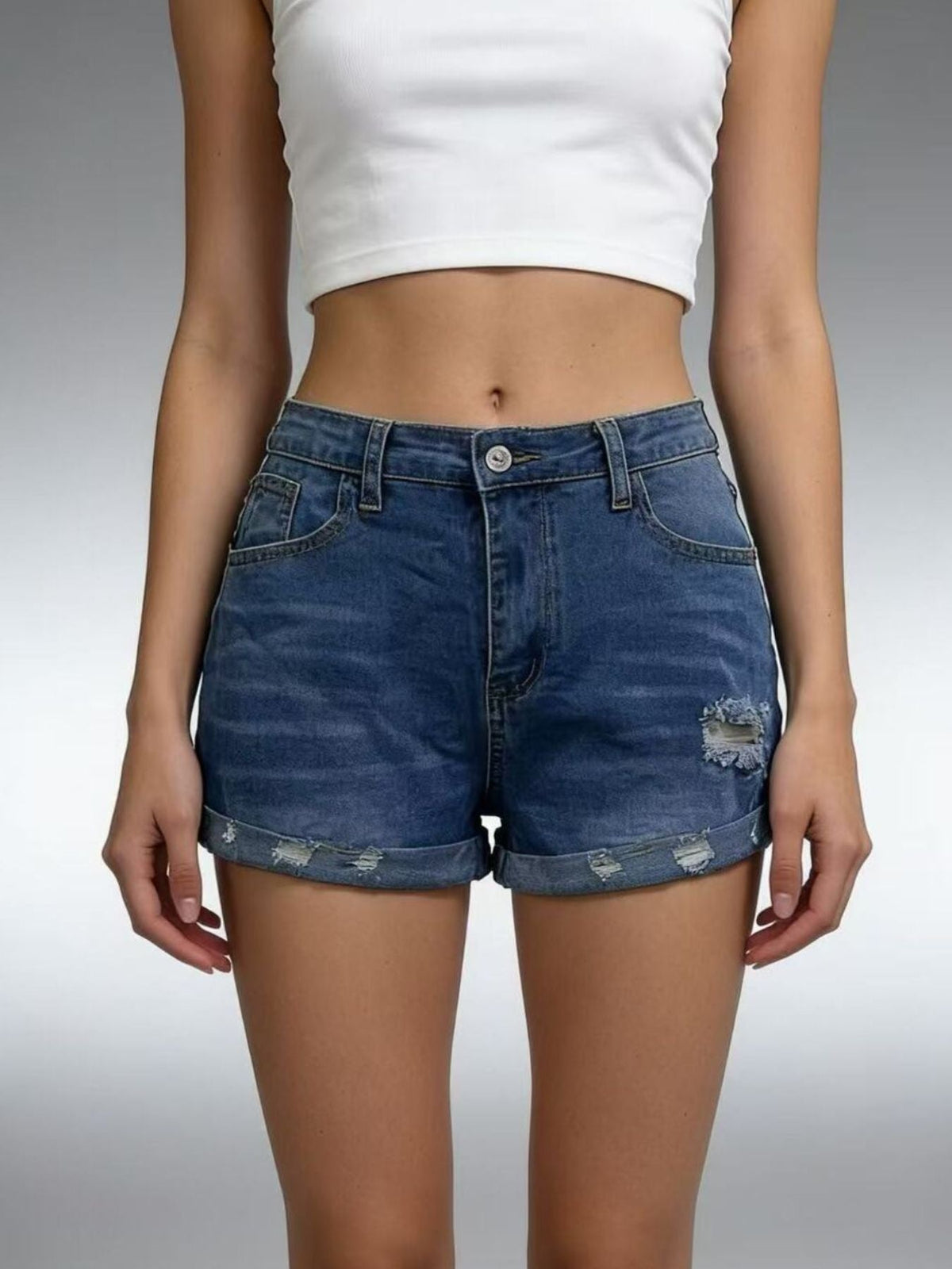 Distressed Denim Roll-Up Shorts