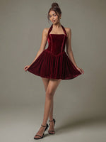 Velvet Halter Skater Dress - Ladyez