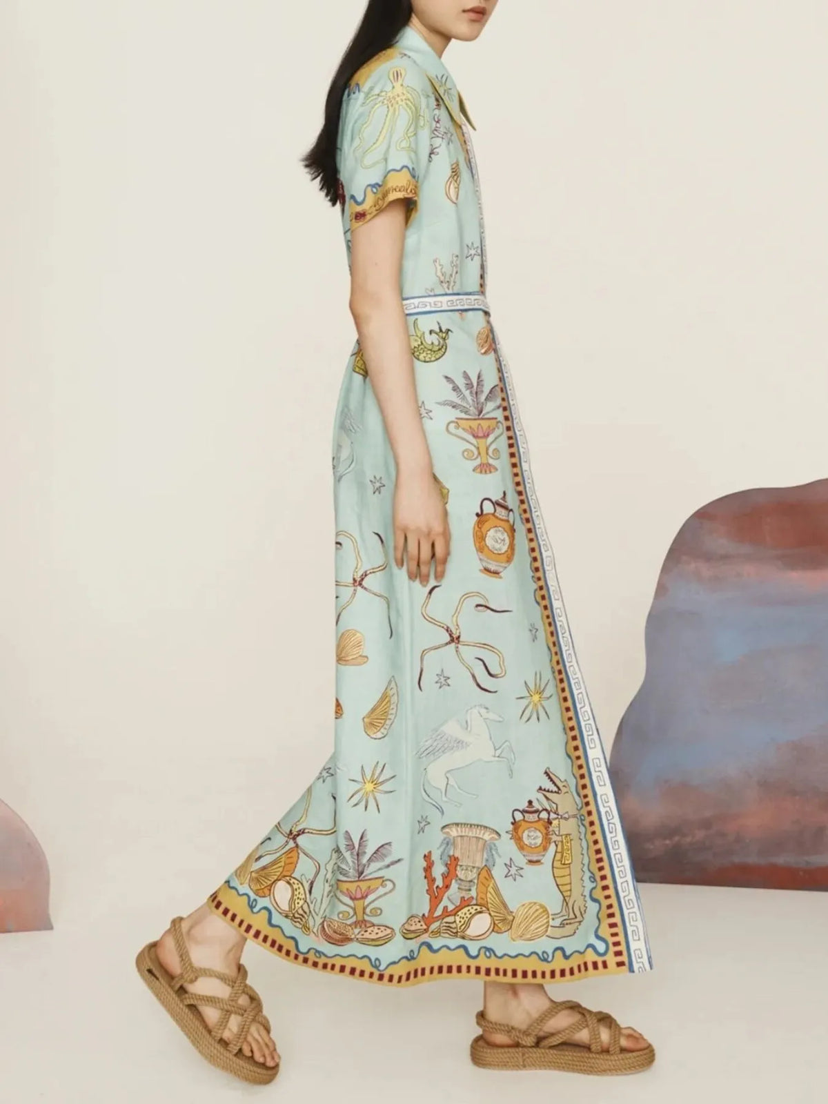 Printed Short Sleeve Maxi Shirt Dress with Belt - Ladyez