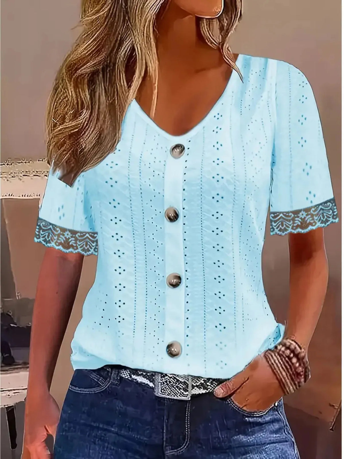 Eyelet Lace Trim Short Sleeve Blouse - Ladyez