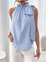 Striped Sleeveless Blouse with Bow Tie Detail - Ladyez