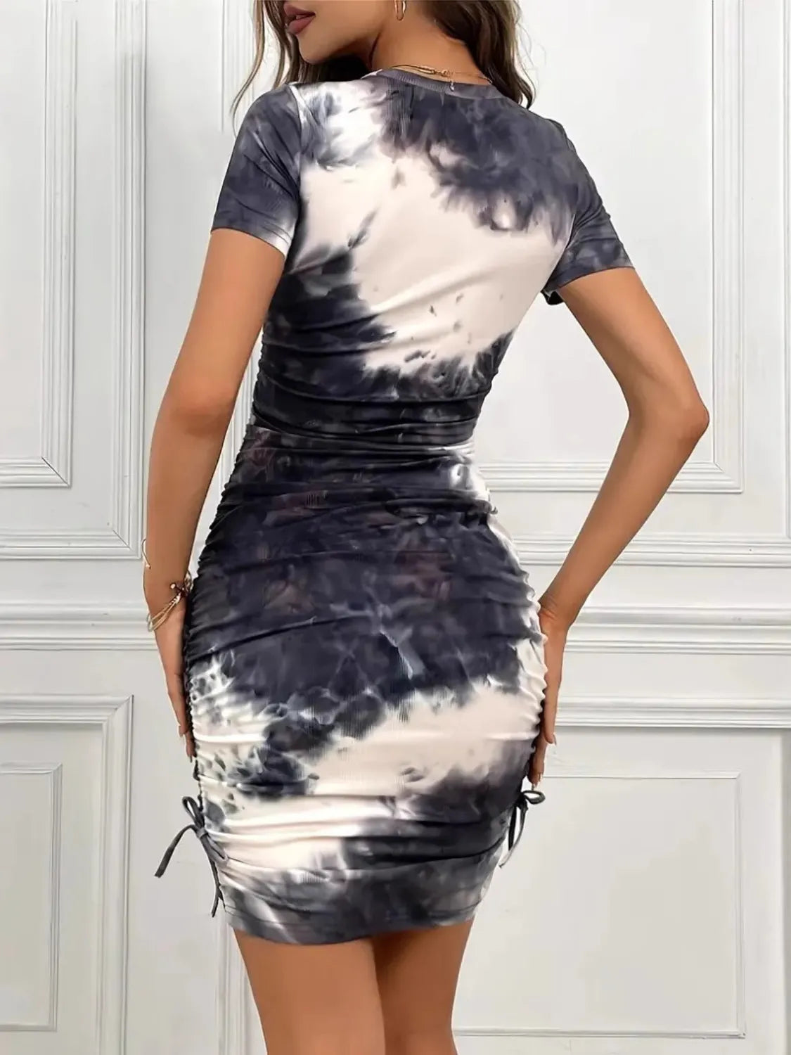 Drawstring Tie-Dye Round Neck Short Sleeve Dress - Ladyez