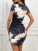 Drawstring Tie-Dye Round Neck Short Sleeve Dress - Ladyez