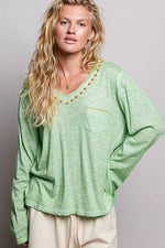 POL V-Neck Contrast Stitch Lightweight Knit Long Sleeve Top