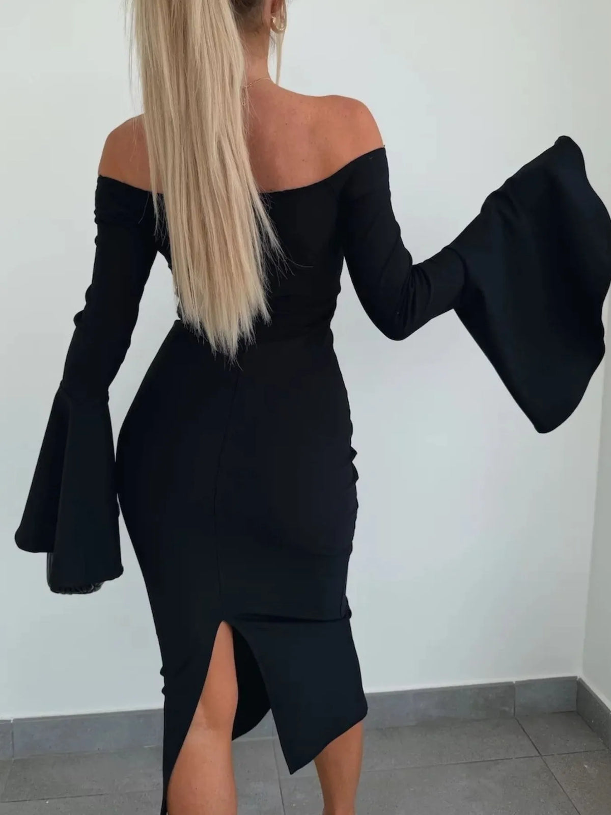 Off Shoulder Bell Sleeve Bodycon Midi Dress - Ladyez