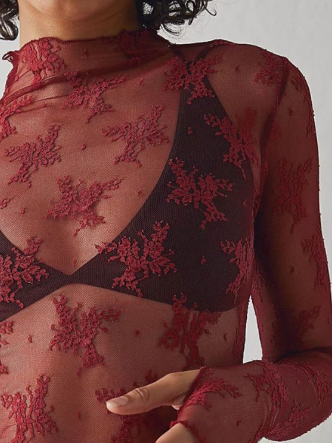 Lace Mock Neck Long Sleeve Blouse - Ladyez