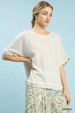 Umgee Linen Frayed Hem Scallop Edge Top