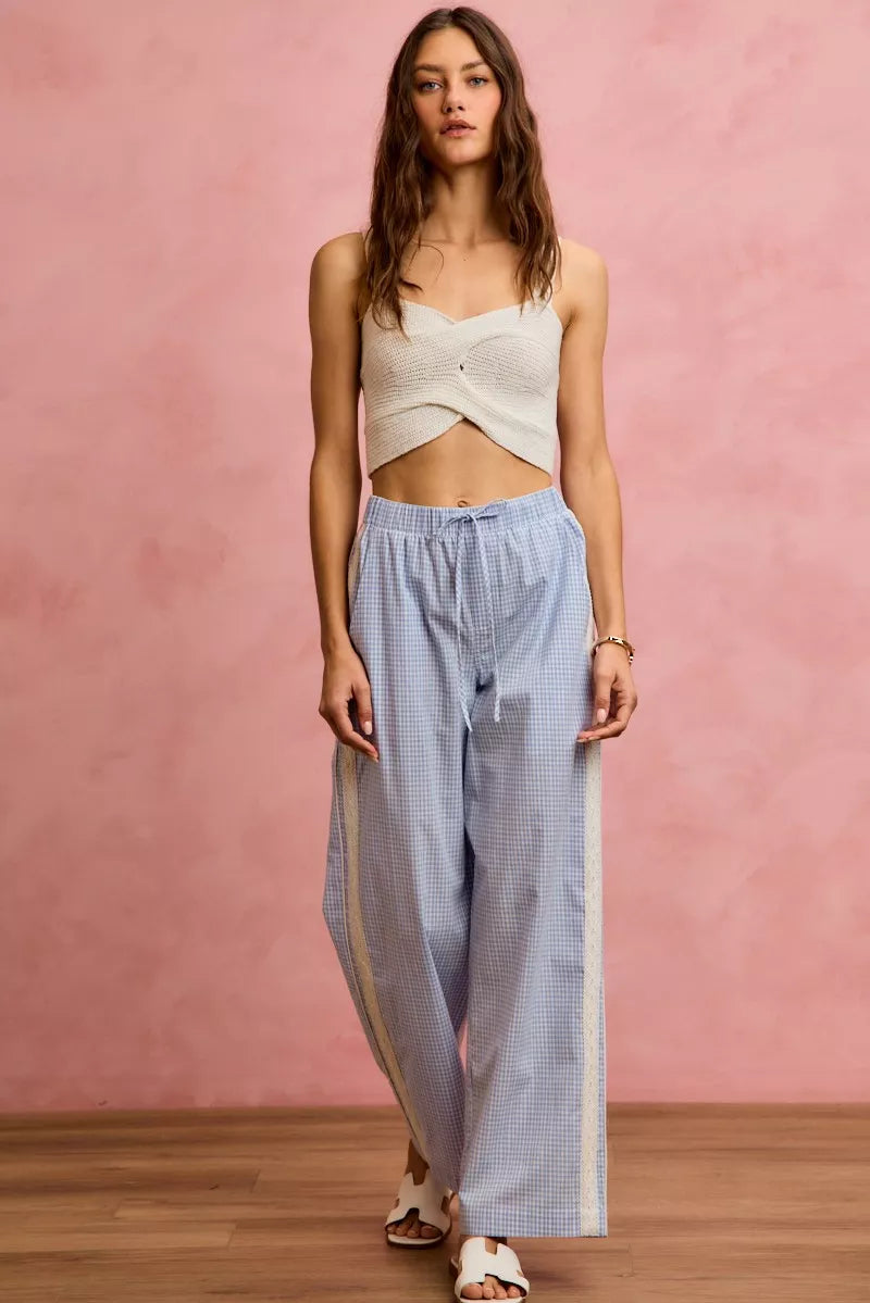 SO ME Wide CheckPants With Side Lace Trim And Piping