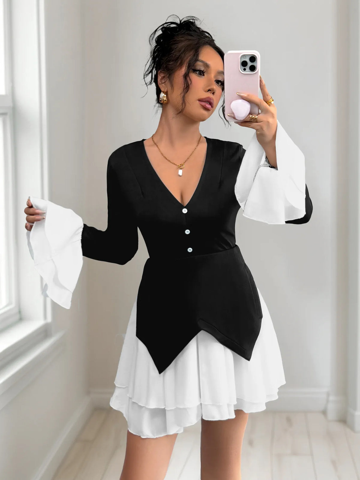 Two Tone V-Neck Long Sleeve Mini Dress