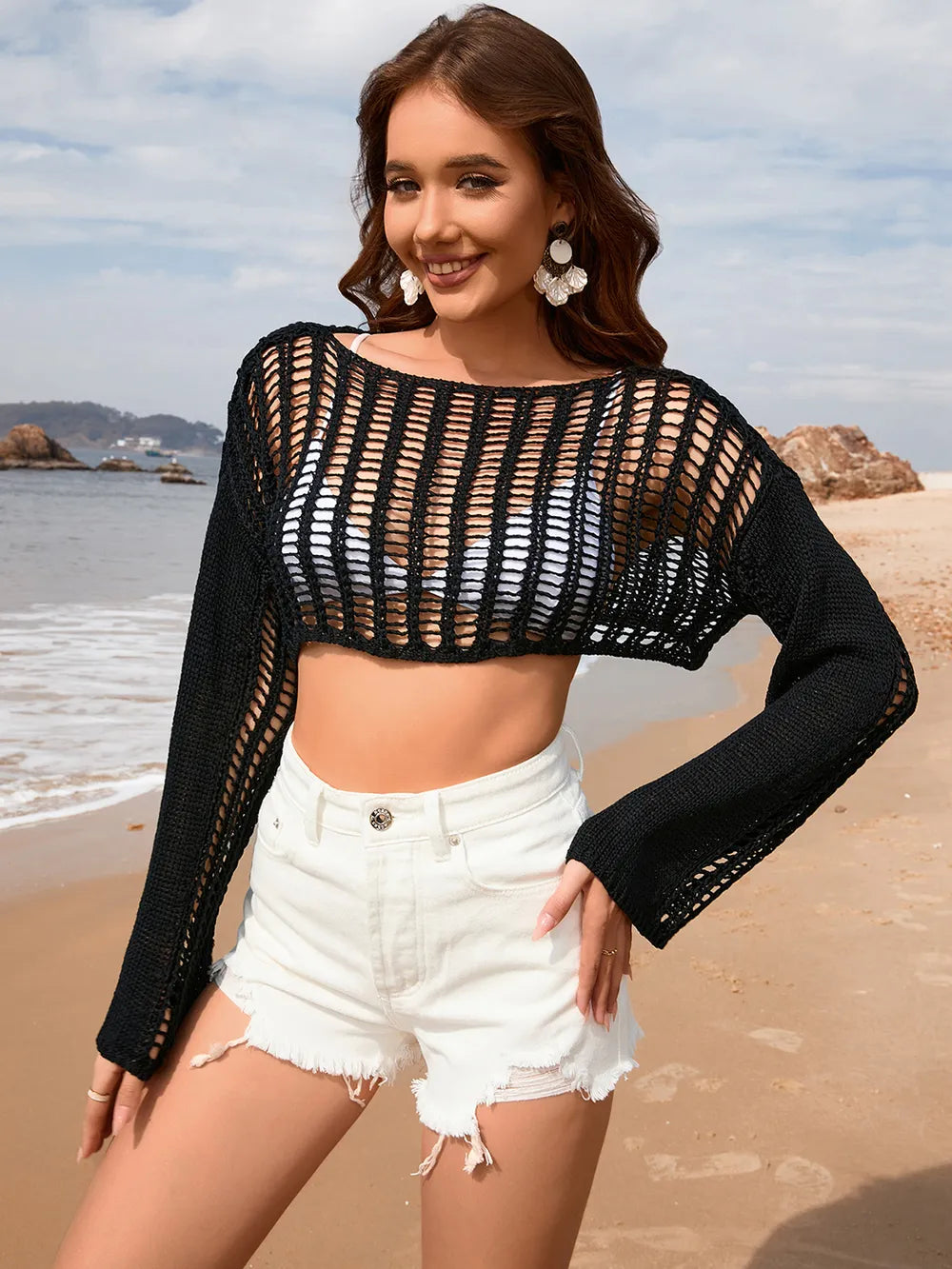 Openwork Boat Neck Long Sleeve Cover-Up - Ladyez