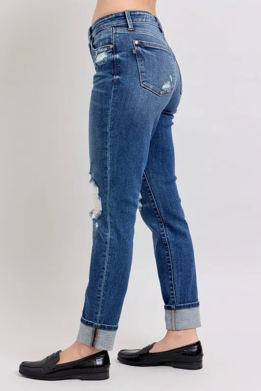 Judy Blue Full Size Mid Rise Boyfriend destroy Jeans with Yoke Pockets and Faux Selvedge Cuff Plus Size - Ladyez
