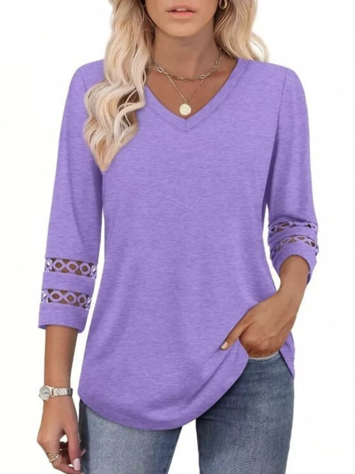 Full Size V-Neck 3/4 Sleeve T-Shirt Plus Size