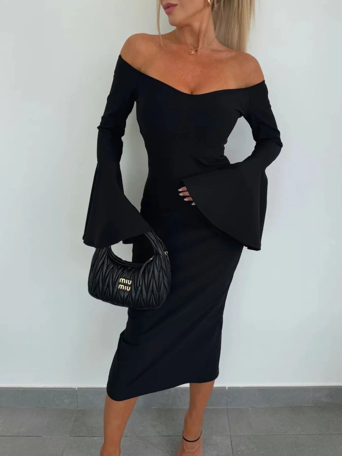 Off Shoulder Bell Sleeve Bodycon Midi Dress - Ladyez