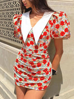 Ruched Floral Print Puff Sleeve Mini Dress