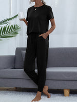 Shiny Round Neck Short Sleeve Top and Pants Set - Ladyez