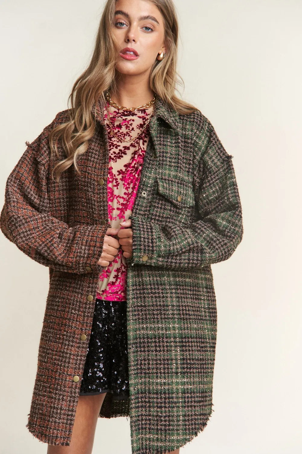 J.NNA Snap Down Tweed Plaid ContrastLongline Shacket