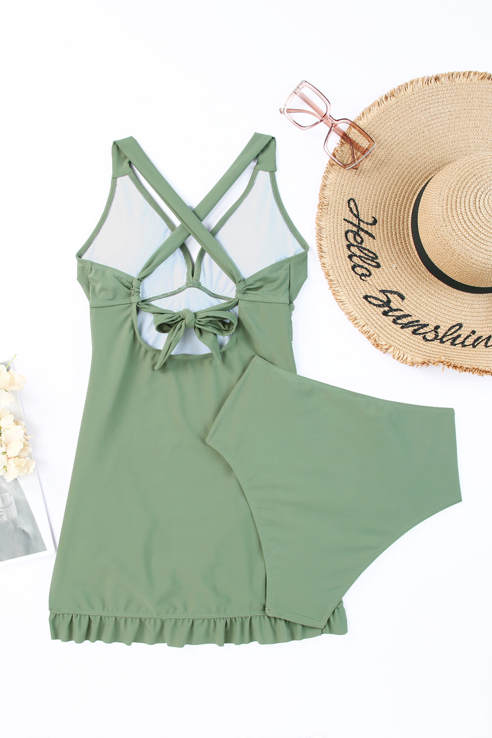 Tie Back Sleeveless Swim Dress and Bottoms Set - Ladyez