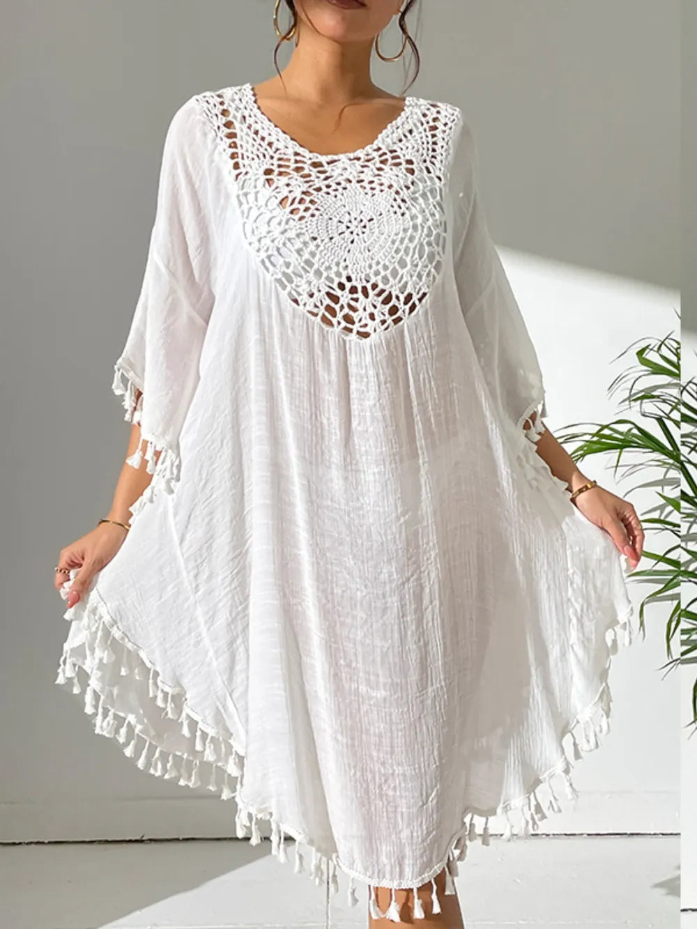 Tassel Cutout Scoop Neck Cover-Up Dress - Ladyez