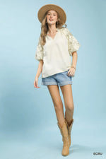 Umgee Embroidered Sleeve V-Neck Boho Blouse