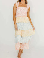 Smocked Ruffle Layered Floral Midi Dress