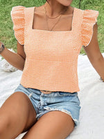 Gingham Ruffle Sleeve Square Neck Blouse