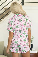 Striped Strawberry Print Lapel Shirt Drawstring Shorts 2pcs Pajama Set
