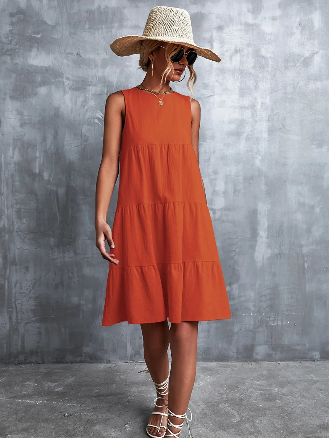 Tiered Round Neck Sleeveless Mini Tank Dress - Ladyez