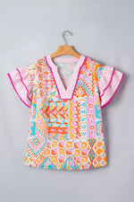 Mixed Print Contrast Trim Striped Patchwork Tiered Short Sleeve Blouse