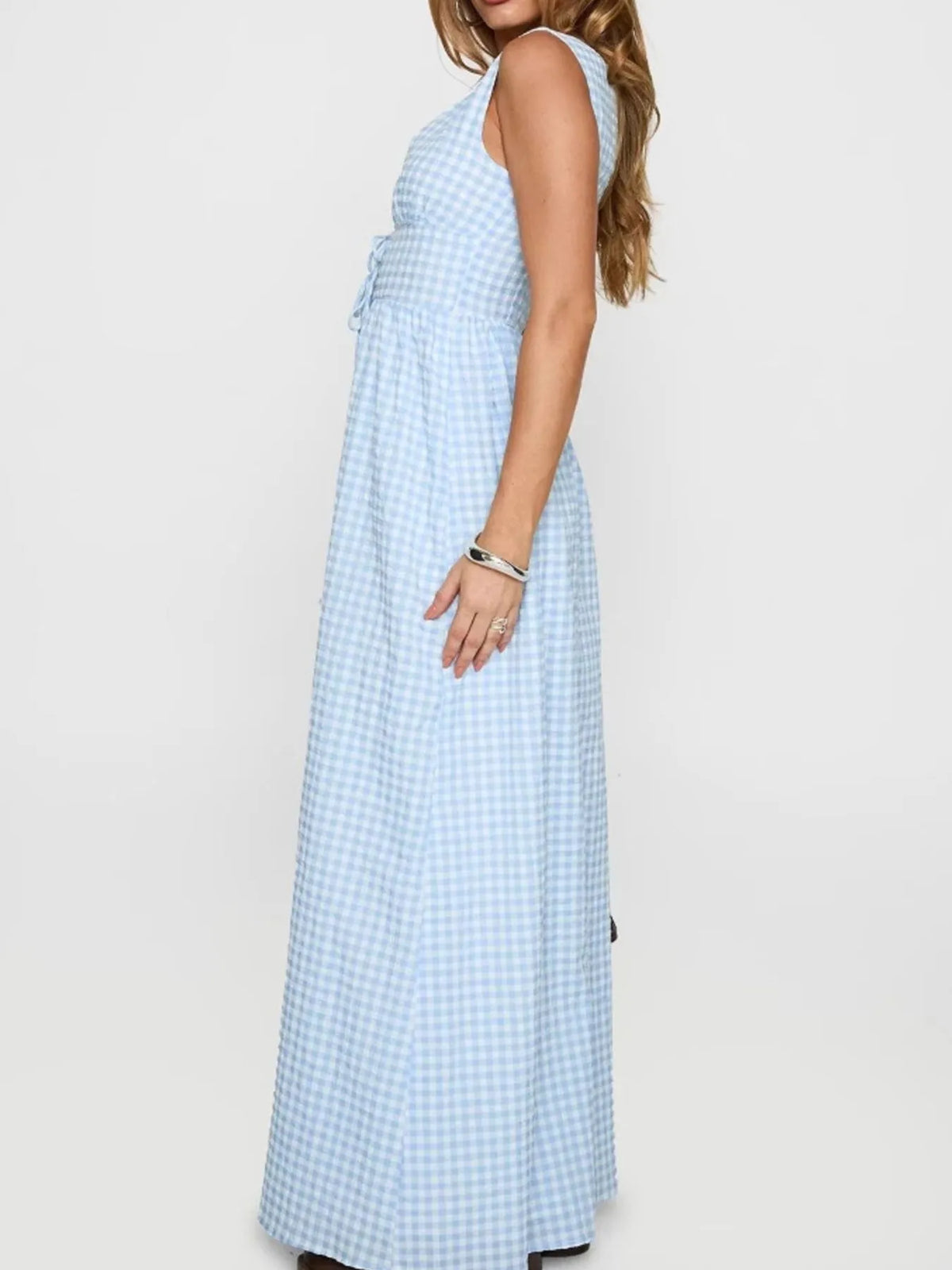 Plaid Tie Front Sleeveless Maxi Dress - Ladyez