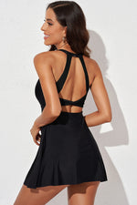 Halter Neck Open Back Swim Dress - Ladyez