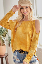 BiBi Tie-Dye French Terry Round Neck Cold Shoulder T-Shirt