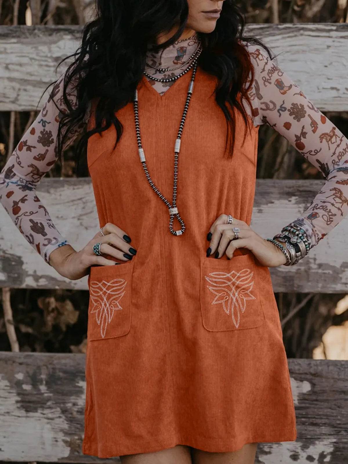 Corduroy Western Embroidered Patched Pocket Shift Sleeveless Mini Dress