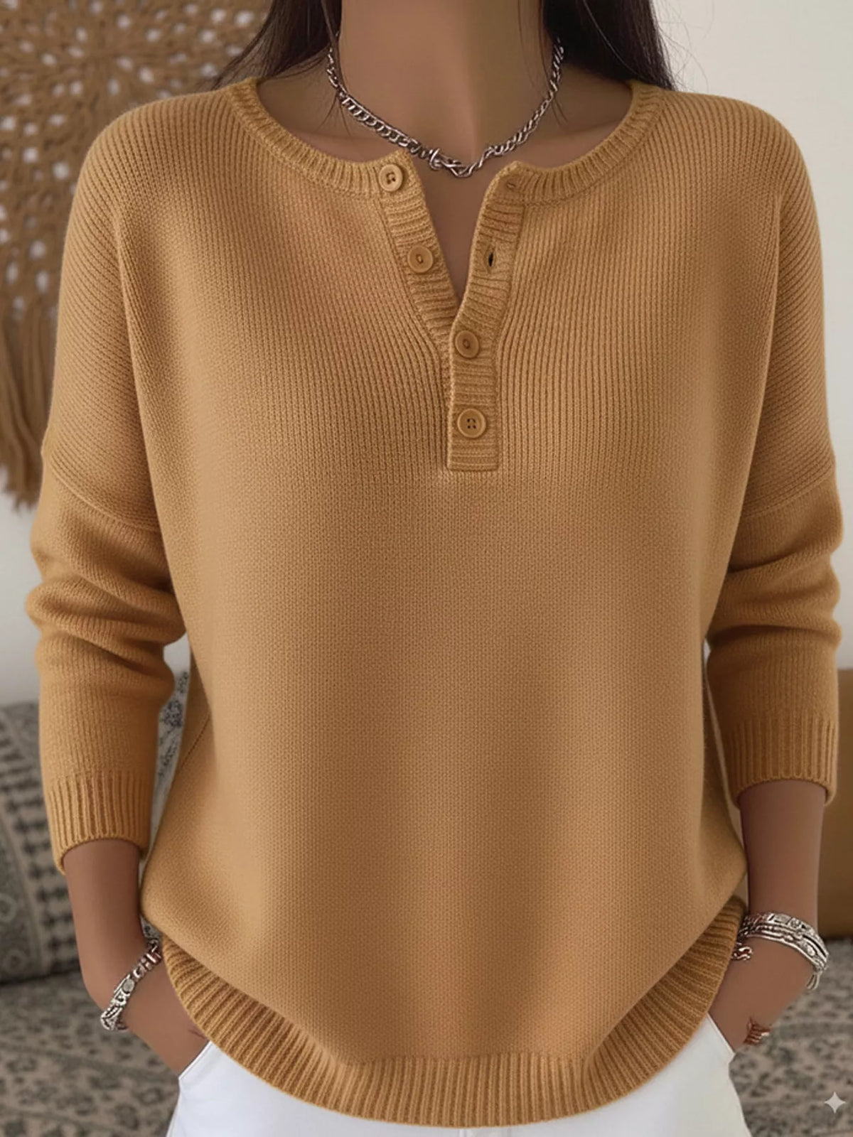 Full Size Half Button Long Sleeve Knit Top Plus Size