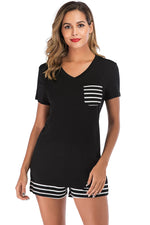 Striped Short Sleeve Top and Shorts Lounge Set - Ladyez