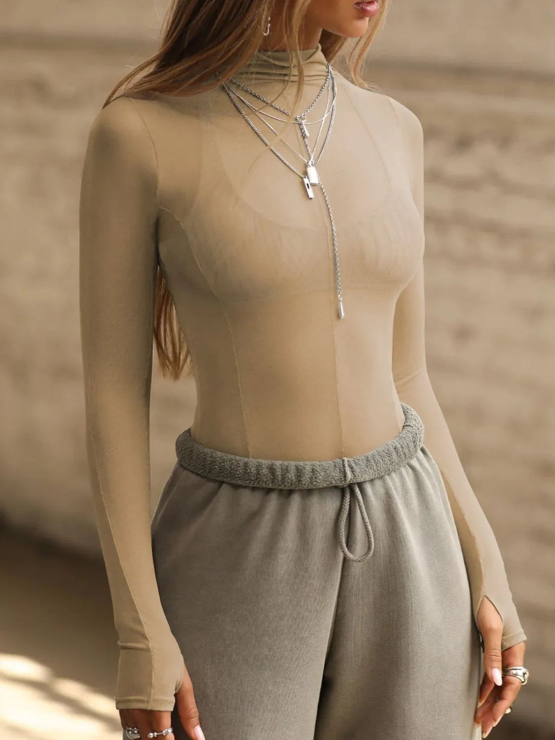 Mock Neck Long Sleeve Sheer Top - Ladyez