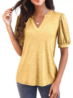 Puff Sleeve Notched Casual T-Shirt
