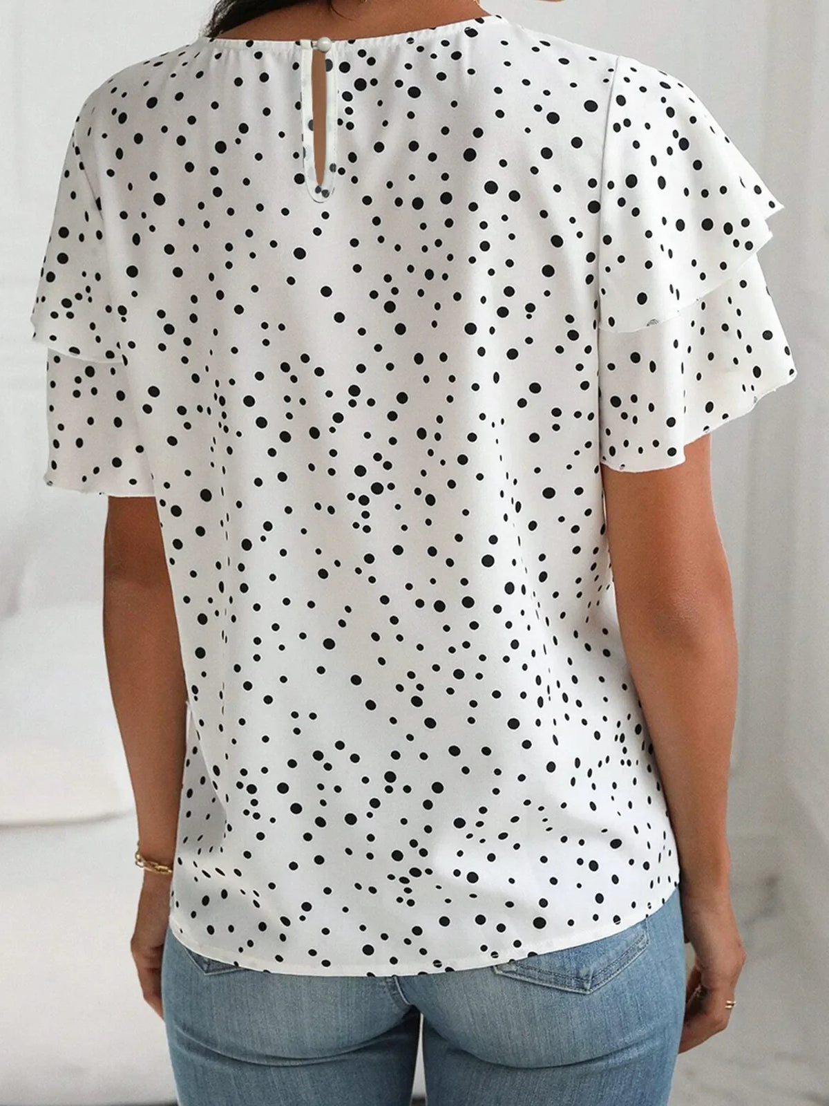 Polka Dot Layered Ruffled Short Sleeve Blouse