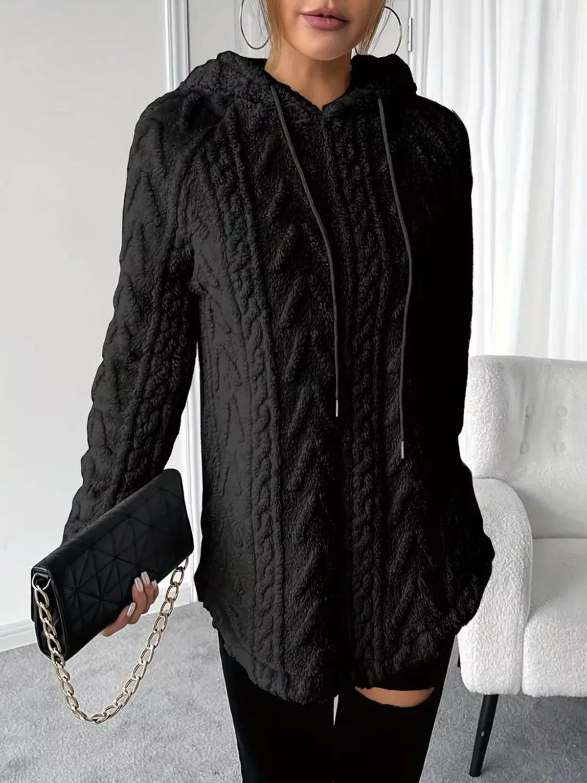 Cozy Textured Drawstring Fleece Hoodie