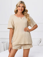 Notched Short Sleeve and Shorts Lounge Set - Ladyez